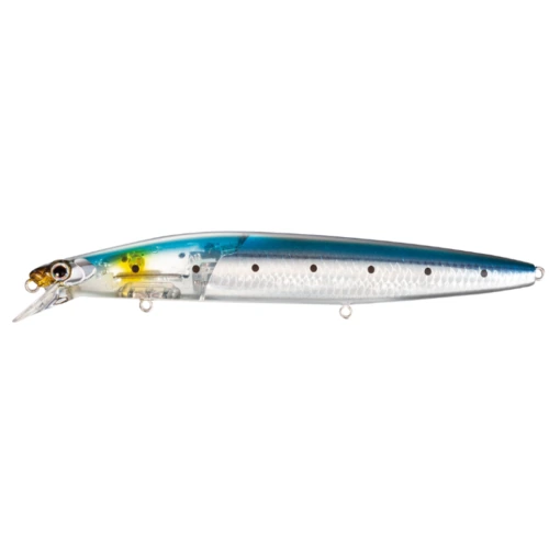 El Señuelo Shimano Silent Assassin 140F #XM-314TE presenta un diseño transparente con una parte superior azul, amarillo y verde cerca de la cabeza, manchas negras en su cuerpo transparente y bucles de metal para anzuelos, lo que garantiza precisión y rendimiento para cualquier aventura de pesca.