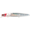 El señuelo Shimano Silent Assassin 140F #XM-314TE tiene un diseño elegante con un patrón de escamas holográficas, cabeza roja y borde frontal transparente para un buceo mejorado, ideal para lanzar o pescar al curricán.