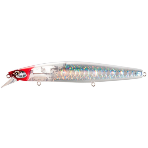 El señuelo Shimano Silent Assassin 140F #XM-314TE tiene un diseño elegante con un patrón de escamas holográficas, cabeza roja y borde frontal transparente para un buceo mejorado, ideal para lanzar o pescar al curricán.