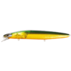 El Señuelo Shimano Silent Assassin 140F #XM-314TE tiene un cuerpo con degradado de amarillo vibrante a verde con textura de escamas de pescado, un borde transparente para bucear y dos bucles de metal para sujetar fácilmente la línea o el anzuelo.