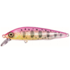 El señuelo de pesca Shimano Cardiff Flugel Flat 70S presenta una parte superior rosa vibrante y una parte inferior amarilla con manchas negras y un ojo realista, complementados con un pequeño borde de metal para bucear y bucles de sujeción en ambos extremos, ideal para su próxima aventura de pesca.