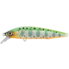El Señuelo Shimano Cardiff Flugel Flat 70S es un señuelo de pesca que imita a un pez pequeño, con un degradado verde-naranja con manchas negras. Tiene un cuerpo translúcido, anzuelo plateado y labio frontal blanco para una acción de inmersión.