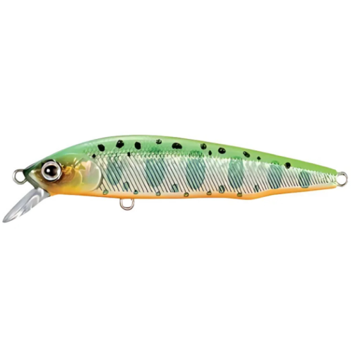 El Señuelo Shimano Cardiff Flugel Flat 70S es un señuelo de pesca que imita a un pez pequeño, con un degradado verde-naranja con manchas negras. Tiene un cuerpo translúcido, anzuelo plateado y labio frontal blanco para una acción de inmersión.