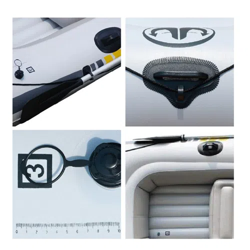 Un collage de cuatro imágenes resalta los detalles del Bote Inflable Motion Aqua Marina: un logotipo con una cabeza de carnero, un asa de transporte incorporada, una válvula con una escala de medición y una vista interior con un asiento inflable, todo ello capturando el movimiento dinámico en el agua.