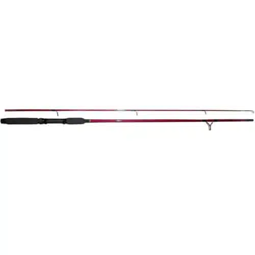La Caña Falcon Claw Tes 602ML, una caña de pescar roja y negra de 1,80 m, se desmonta en dos piezas para facilitar su transporte y almacenamiento. Cuenta con un mango con empuñadura de espuma y varias guías de línea.