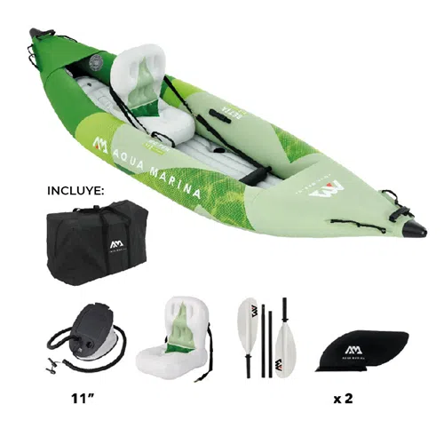 El kayak Aqua Marina Betta 1 Persona 2021 es un kayak inflable verde diseñado para dos aventureros. Con la marca "Aqua Marina", viene completo con un remo, una bomba, asientos desmontables y una aleta. Este kayak de 11 pies de largo también incluye una bolsa de transporte, lo que lo hace perfecto para explorar con su compañero de kayak.