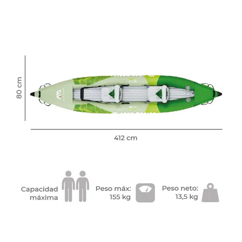 Esquema de vista superior del Kayak Betta Doble Leisure 2021 Aqua Marina, un kayak hinchable de color verde y gris con dimensiones etiquetadas: 412 cm de largo y 80 cm de ancho. Los iconos indican una capacidad máxima de 155 kg y un peso neto de 13,5 kg.