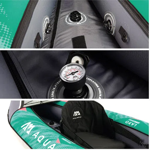 Collage de un kayak Laxo para 1 persona Aqua Marina con detalles en primer plano: la imagen superior muestra la válvula interna, la imagen del medio se centra en el medidor de inflado y la imagen inferior muestra el asiento con la marca "Aqua Marina". El kayak es principalmente verde con detalles en blanco y negro.