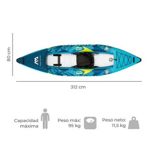 Vista superior de un Kayak Steam 1 Persona Aqua Marina azul con patrones abstractos, que mide 312 cm de largo y 80 cm de ancho. Capacidad máxima: 95 kg, peso neto: 11,5 kg. Presenta gráficos de una persona, báscula e ícono de equipaje con texto en español que indica capacidad y peso.