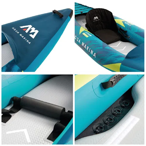 Collage que destaca las características del kayak inflable Kayak Steam 1 Persona Aqua Marina. Cuenta con un asiento acolchado, un asa resistente, un reposapiés y válvulas de inflado seguras. El diseño prioriza la comodidad y la durabilidad para una experiencia de kayak excepcional.