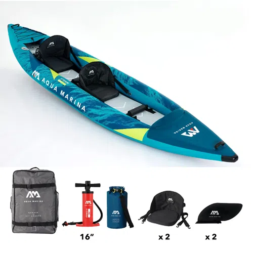 El Kayak Steam 2 Personas Aqua Marina está diseñado para dos personas y cuenta con un elegante diseño inflable azul con dos asientos. Incluye una mochila de transporte espaciosa, una bomba de aire roja, una bolsa impermeable azul, dos asientos de kayak duraderos y aletas negras, ideales para sus aventureras excursiones en canoa.