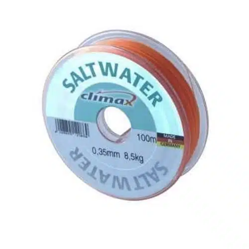 Bobina de hilo de pescar Monofilamento Saltwater Naranjo 100 Mts Climax con especificaciones de 0,35 mm de diámetro y 8,5 kg de resistencia. La bobina viene en una carcasa transparente, que muestra el hilo de pescar Monofilamento naranja en su interior. La etiqueta indica que está fabricado en Alemania y diseñado para uso en agua salada.
