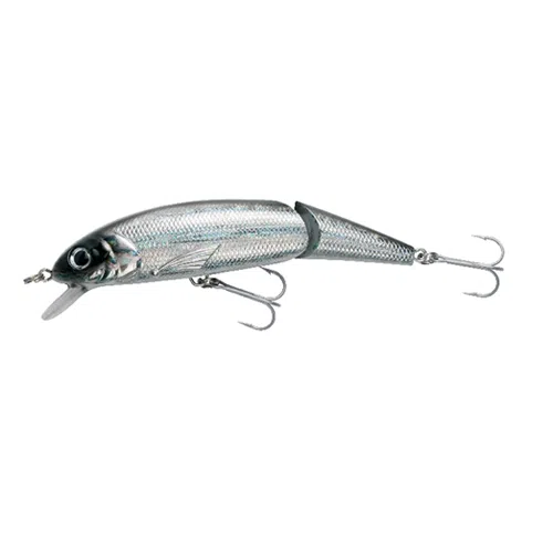 El Señuelo Abu Garcia Jointed Tormentor Floating 11cm- BB 1130092 es un señuelo de pesca segmentado plateado diseñado con un patrón de escamas detallado. Mide 11 cm, incluye dos anzuelos triples colocados estratégicamente (uno en el medio y otro en la cola) y cuenta con un pequeño borde de plástico cerca de la boca para una inmersión eficaz. Este señuelo imita de manera convincente la apariencia de un pez pequeño.