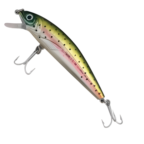 El Señuelo Abu Garcia Tormentor Floating 9cm - RT #1046680 es un señuelo flotante vibrante diseñado para imitar a un pez pequeño. Cuenta con un cuerpo verde y rosa brillante adornado con manchas negras, equipado con un labio de plástico para bucear y dos anzuelos triples unidos en la parte inferior y posterior.