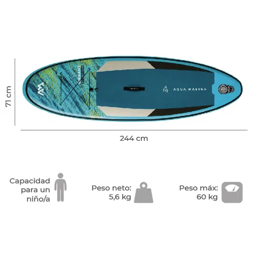 Imagen de la tabla de surf de remo hinchable Vibrant 2022 Aqua Marina, que presenta un elegante diseño en azul y negro. Mide 244 cm de largo y 71 cm de ancho, y presenta gráficos que indican su idoneidad para un niño. La tabla de surf de remo pesa solo 5,6 kg y tiene una capacidad máxima de 60 kg.