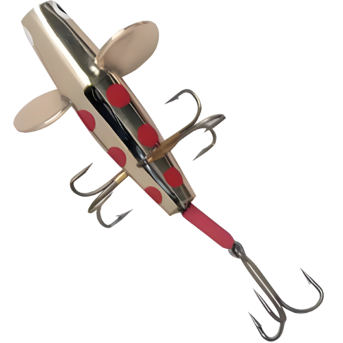 Presentamos el Terrible Falcon Claw Bronce/Rojo, un señuelo de pesca reluciente adornado con lunares rojos, equipado con dos aletas laterales y múltiples anzuelos triples Falcon Claw. Su combinación de colores Rojo y dorado metálico está diseñada para imitar la apariencia de un pez pequeño.
