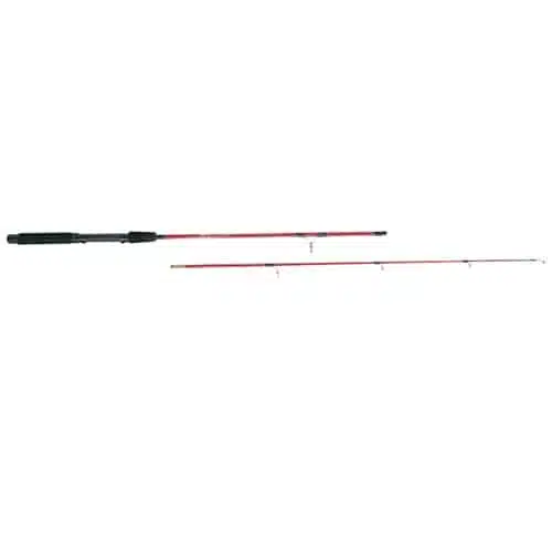 La caña de pescar Caña Falcon Claw Tes 562ML de 1,65 m es un conjunto de dos piezas que cuenta con un cuerpo rojo y un mango negro. El mango cuenta con un agarre cómodo y la caña incluye varias guías de línea a lo largo de su longitud para enhebrar la línea de pesca. Las dos piezas se muestran una al lado de la otra sobre un fondo blanco.