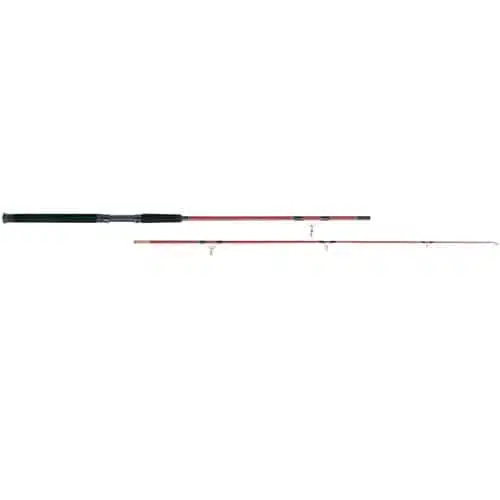 La Caña Falcon Claw Tes 702MH 2,10m es una caña de dos piezas que cuenta con un mango negro y una varilla roja de 2,10m, dividida en sus dos partes. La sección superior incluye anillas para el sedal, mientras que la sección inferior, más gruesa, se conecta al carrete. Está diseñada tanto para la pesca en agua dulce como en agua salada.