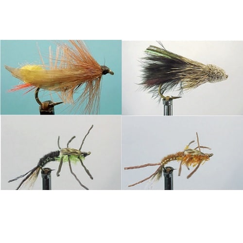 Se muestran cuatro moscas de pesca de la colección Kit Moscas Dragon Mixed Flies ZATH005 sobre fondos lisos. La mosca superior izquierda presenta plumas de color canela y naranja claro, mientras que la mosca superior derecha es más oscura y tiene un material más tupido. La mosca inferior izquierda es negra con detalles verdes y patas largas, mientras que la mosca inferior derecha es marrón con patas alargadas.