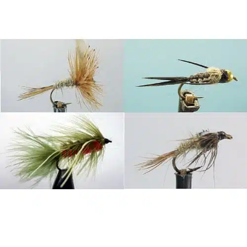 Producto: Kit Moscas Dragon Mixed Flies ZATH055
Descripción: El kit Moscas Dragon Mixed Flies ZATH055 incluye cuatro moscas de pesca distintas sobre fondos claros. El kit incluye la mosca superior izquierda con plumas marrones, la mosca superior derecha con cuerpo oscuro y cabeza dorada, la mosca inferior izquierda con plumas verdes y la mosca inferior derecha con una intrincada apariencia similar a la de un dragón.