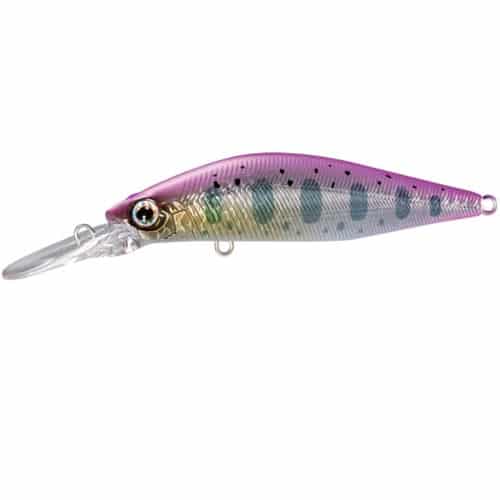El señuelo de pesca Señuelo Cardiff Flugel 70S / 10 PinkBack es una adición colorida a cualquier caja de aparejos, con una cabeza violeta, una sección media amarilla y una cola azul translúcida acentuada con un toque de PinkBack. Su cuerpo está adornado con pequeños puntos negros y muestra un ojo grande cerca del frente. Esta pieza nostálgica está equipada con un borde de plástico y presillas de metal en ambos extremos para sujetarla fácilmente a las líneas de pesca, lo que le da un toque de encanto de los años 70 a su equipo de pesca.