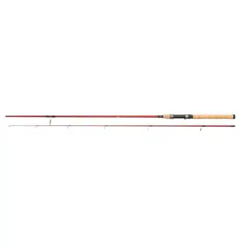 Presentamos la Caña Berkley Cherrywood 212 Spin: una elegante caña de pescar de dos piezas con cuerpo rojo de 2,10 m y mango de corcho. Con múltiples guías para el sedal y un portacarrete negro, sus secciones están alineadas horizontalmente sobre un fondo blanco. Perfecta para tu próxima aventura de pesca.