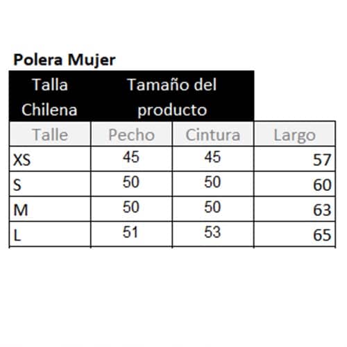 Explora el calce ideal con nuestra tabla de tallas para la Polera Mujer MC Gris Sol Kano en tallas chilenas. La tabla incluye columnas para tallas (XS, S, M, L), pecho (45-51 cm), cintura (45-53 cm) y largo (57-65 cm), todas disponibles en el elegante tono Gris Sol Kano.