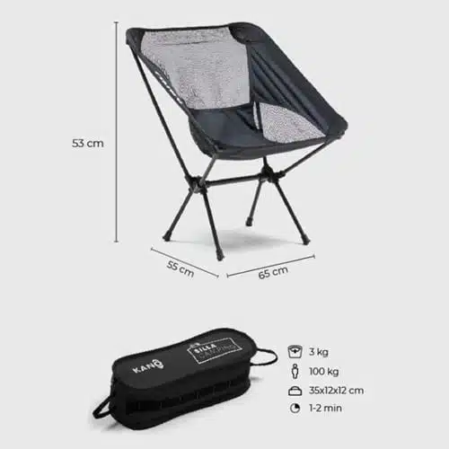 La Silla Camping Kano es una elegante silla de camping negra con tejido de malla transpirable. Tiene una altura de 53 cm y pesa solo 3 kg, pero puede soportar hasta 100 kg con facilidad. Se monta rápidamente en solo 1 o 2 minutos y cabe perfectamente en una bolsa compacta de 35 x 12 x 12 cm para transportarla fácilmente.