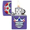 Presentamos el Encendedor Zippo Sugar Skull Design: un encendedor violeta vibrante adornado con coloridos patrones del Día de los Muertos y una llama encendida, exhibida ingeniosamente sobre un fondo simple.
