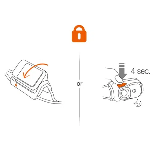 Ilustración que muestra dos formas de asegurar un dispositivo. A la izquierda, una flecha indica que se presiona un botón en el costado. A la derecha, se compara el uso de una Linterna Frontal Petzl Bindi 200lm manteniendo presionado el dedo durante 4 segundos. Arriba aparece un ícono de candado.