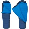 Se muestran uno al lado del otro dos sacos de dormir azules tipo momia, el Saco de Dormir Pluma Sea To Summit Trek TkII Blue L -8°C. Uno tiene la cremallera completamente cerrada, mientras que el otro está parcialmente abierto para revelar su interior. Ambos sacos cuentan con capuchas y presentan una combinación de tela azul oscuro y azul claro.
