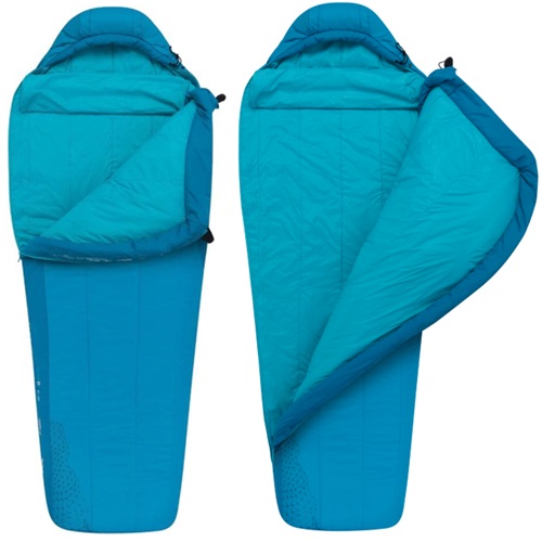 Se muestran dos sacos de dormir de color verde azulado, uno con la cremallera completamente abierta y el otro parcialmente cerrada. Los sacos de dormir sintéticos Sea To Summit Venture VnI Women’s R 0°C tienen capuchas y están confeccionados con material liviano, lo que los hace ideales para acampar o para aventuras al aire libre.