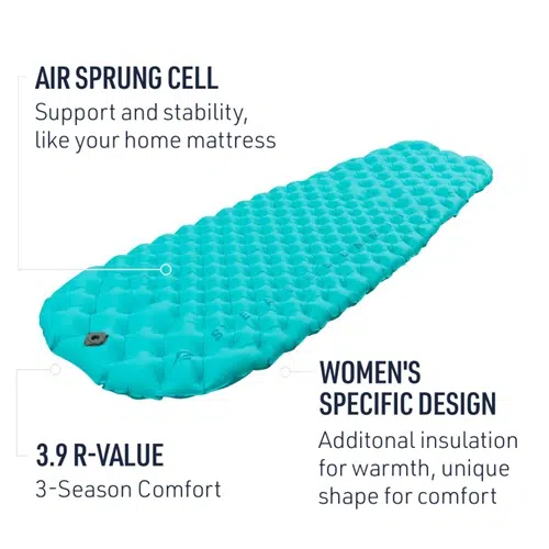 La colchoneta inflable Sea To Summit Women's Comfort Light Insulated Regular cuenta con celdas con resortes de aire y un diseño distintivo que incorpora aislamiento adicional. Cuenta con un valor R de 3,9 para una comodidad confiable durante las 3 estaciones, brindando soporte y estabilidad similares a los de un colchón doméstico.