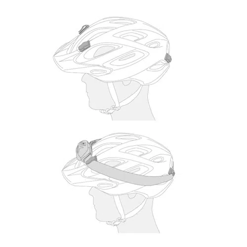 Ilustración de dos cascos de bicicleta con correas laterales. El casco superior, perfecto para el Adaptador Adhesivo para Casco Petzl Uni Adapt, presenta pequeños clips para cables, mientras que el casco inferior muestra una luz montada en la correa. Ambos cascos están representados en vista de perfil sobre una silueta de cabeza.