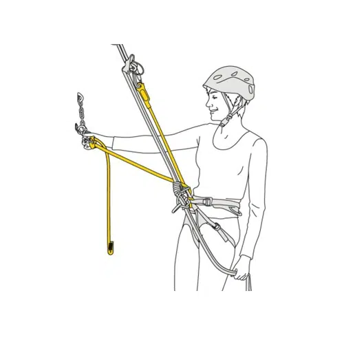 Ilustración de un escalador con casco y arnés ajustando cuidadosamente una cuerda de Cabo de Anclaje Petzl Dual Connect Adjust conectada a un mosquetón y punto de anclaje. La configuración muestra el uso correcto del equipo de seguridad para escalada, garantizando la máxima seguridad en el ascenso.