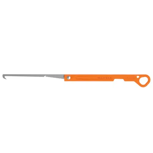 El Petzl Multihook Gancho Multiuso Para Hielo, con su mango naranja, presenta una punta de metal larga y delgada que tiene un pequeño gancho en ángulo en su punta para un uso versátil.