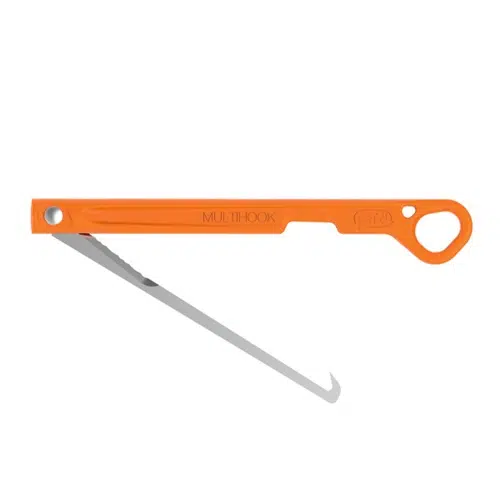 Gancho multiusos para hielo Petzl Multihook de color naranja que incluye un gancho y una cuchilla plegables y un orificio en un extremo para manipularlo o colocarlo fácilmente. Perfecta para tareas versátiles, esta multiherramienta es un complemento esencial para su kit de herramientas.