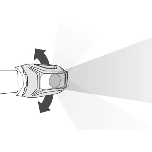 Ilustración de un faro sujeto a una banda que muestra el movimiento con flechas curvas. El faro emite un haz de luz hacia adelante, con gradaciones sombreadas que representan su alcance.