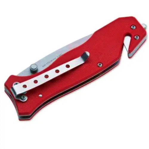 La Navaja Magnum Fire Brigade 01MB366 es una navaja plegable de color rojo equipada con una hoja y un clip de color plata. Su empuñadura incluye un cortador de cinturón de seguridad integrado y una punta puntiaguda para romper cristales, lo que resalta sus funciones de seguridad multifuncionales cuando está cerrada.