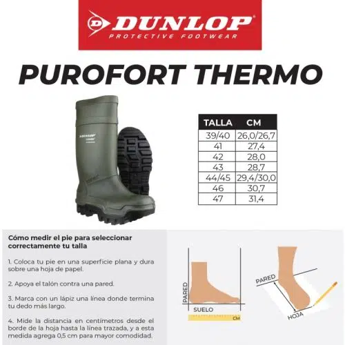 Imagen de la bota Dunlop Purofort Thermo Full Safety Verde. La tabla de tallas incluye tallas que van desde la 39/40 a la 46/47, proporciona la longitud del pie en centímetros e incluye instrucciones para medir con precisión la talla del pie utilizando una hoja de papel y una pared.