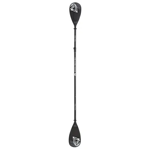 El Remo Stand Up Paddle Dual Tech 2 en 1 Aluminio Aqua Marina es un remo de kayak negro de longitud completa que presenta dos palas anchas y simétricas con diseños de remolinos blancos cerca de cada extremo, y también tiene marcas de texto y logotipo blancos cerca del centro del eje y en las palas.