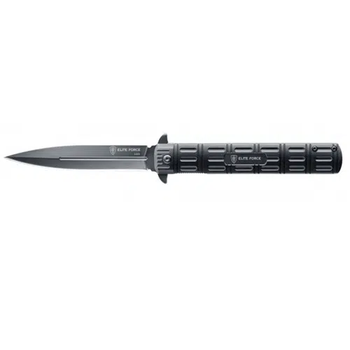 Presentamos el cuchillo táctico Navaja Elite Force Ef126 5.0926, que cuenta con una hoja de doble filo negra y un mango negro texturizado con patrones dentados para un mejor agarre. El logotipo y el nombre de la marca se muestran de manera destacada tanto en la hoja como en el mango, lo que ejemplifica su diseño distinguido.