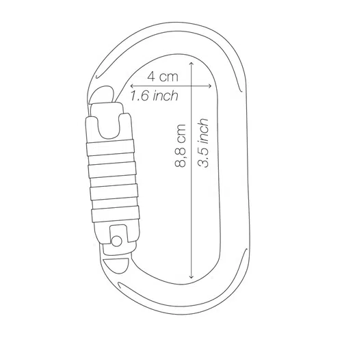 Diagrama de un mosquetón de seguridad Petzl OK que muestra las dimensiones: 8,8 cm (3,5 pulgadas) de largo y 4 cm (1,6 pulgadas) de ancho. Este mosquetón incluye un mecanismo de bloqueo de rosca para mayor seguridad.