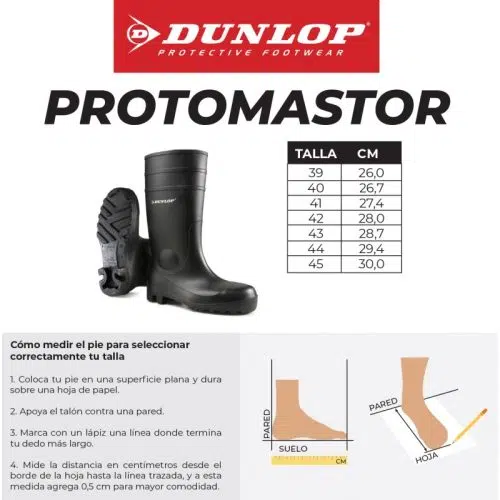 Explora la Bota Dunlop Protomastor Full Safety Negro, la opción ideal para calzado de protección. Estas botas altas negras vienen con una completa tabla de tallas en centímetros y tallas europeas. Solo tienes que seguir instrucciones sencillas para medir tu pie contra una pared usando solo un lápiz y papel para asegurar un ajuste preciso.