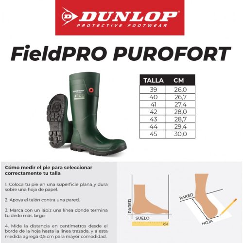 El anuncio muestra la bota Dunlop Purofort Fieldpro Full Safety Verde, destacando su construcción resistente. Una tabla de tallas de la UE con medidas en centímetros ayuda a elegir la talla correcta. Las instrucciones completas y un diagrama brindan orientación para medir con precisión sus pies para estas botas verdes de alta calidad.