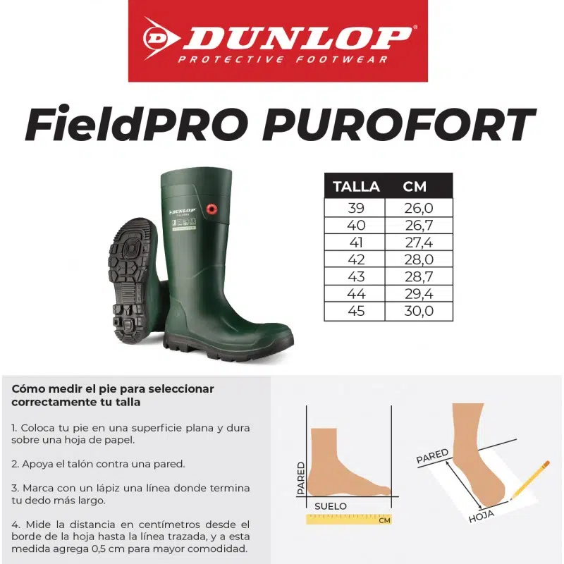 El anuncio muestra la bota Dunlop Purofort Fieldpro Full Safety Verde, destacando su construcción resistente. Una tabla de tallas de la UE con medidas en centímetros ayuda a elegir la talla correcta. Las instrucciones completas y un diagrama brindan orientación para medir con precisión sus pies para estas botas verdes de alta calidad.
