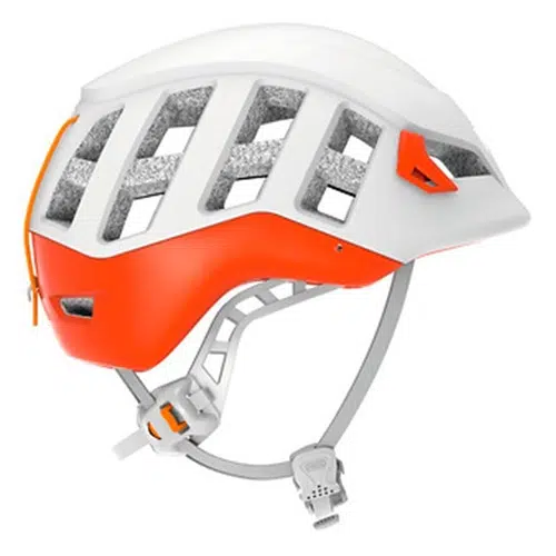 El Casco Petzl Meteor Blanco y Anaranjado es un casco de escalada en color blanco y naranja, que se caracteriza por sus amplias aberturas de ventilación, correas ajustables y una hebilla de seguridad. Con su diseño elegante y moderno, este casco garantiza estilo y seguridad para tus aventuras de escalada.