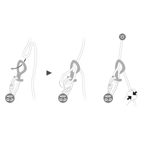 Ilustración que muestra tres pasos para hacer un nudo con cuerda y mosquetones, con el polivalente Descensor Petzl Pirana Club. La secuencia comienza enrollando la cuerda y termina con el aseguramiento de la misma. Las flechas indican la dirección del movimiento en cada paso, ideal para cualquier aficionado a los clubes de escalada.