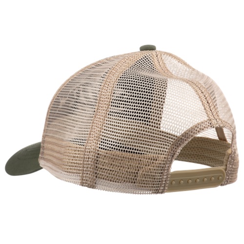 El gorro G-Loomis Bandit Trucker Negro presenta un diseño de malla beige con una moderna visera verde, vista desde atrás. Esta gorra incluye un cierre a presión ajustable para un ajuste personalizado, que combina a la perfección funcionalidad y estilo.