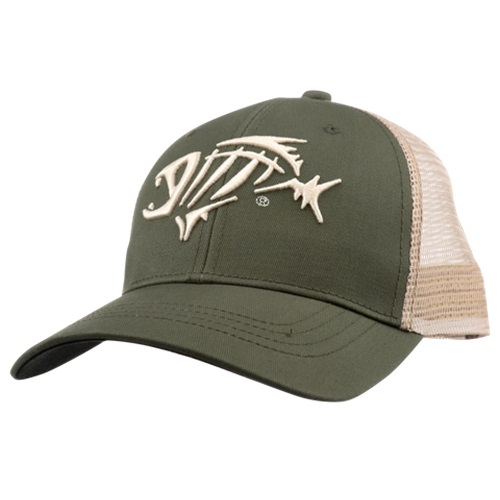 Una elegante gorra de béisbol negra G-Loomis Bandit Trucker presenta una parte posterior de malla color tostado y un diseño de pez hueso bordado en color tostado en el frente, perfecta para salidas aventureras.